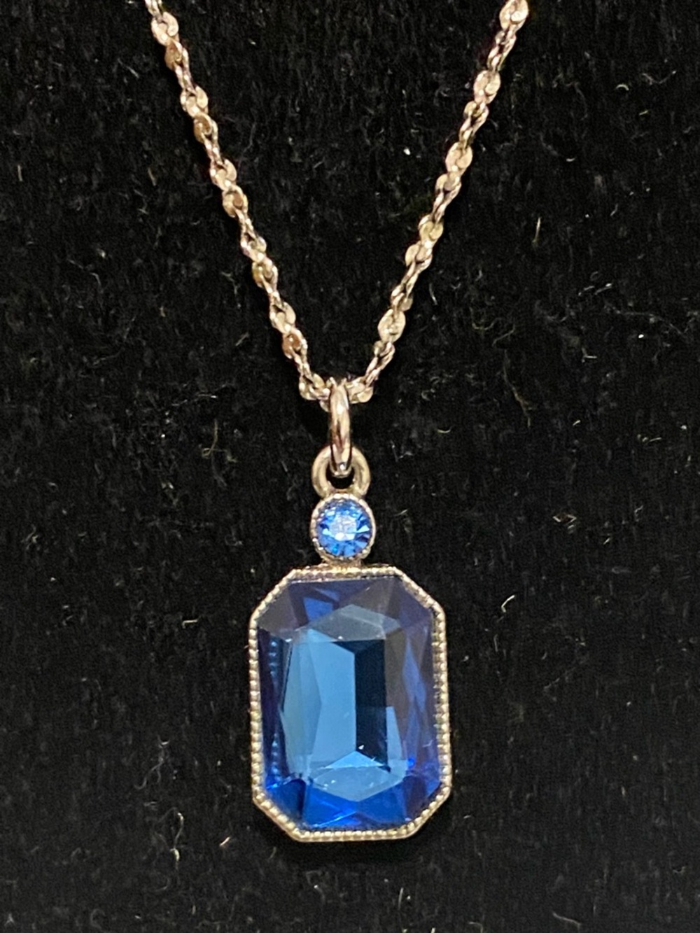 Vintage Luxury MONET 18” Silver Chain; 2” Pendant w/Cobalt Blue Crystals;Giftbox